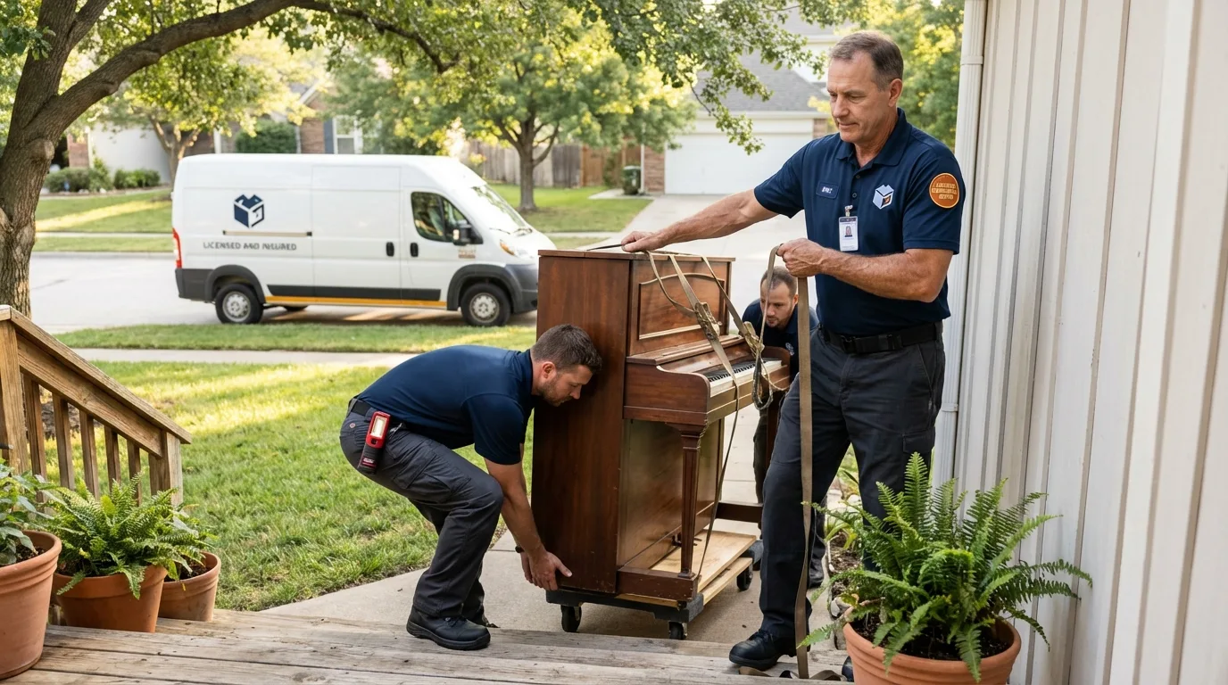 Licensed piano movers securing grand piano in Independence, LA