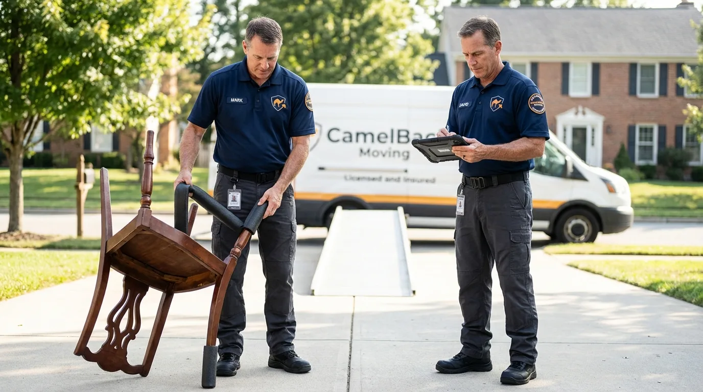 Movers inspecting furniture for damage prevention before loading in Independence, LA